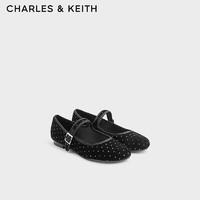 CHARLES&KEITH24秋CK1-71720047-1复古浅口丝绒平底玛丽珍鞋 BLACK TEXTURED黑色纹理 38