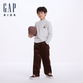 Gap【大小童同款】男童2024初秋小熊长袖T恤儿童装上衣641718 灰色条纹 140cm(10-11岁) 亚洲尺码