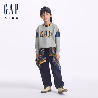 Gap男童2024秋季华夫格法兰绒格子拼接卫衣儿童装上衣642841 浅灰色 130cm(8-9岁) 亚洲尺码