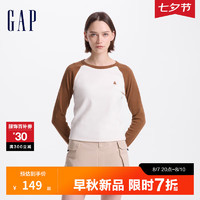 Gap女装2024初秋刺绣美式休闲针织修身罗纹T恤上衣634814 棕色 175/92A(XL) 亚洲尺码