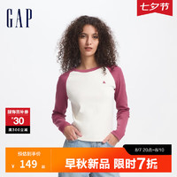 Gap女装2024初秋刺绣美式休闲针织修身罗纹T恤上衣634814 粉红色 155/76A(XS) 亚洲尺码