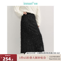 茵曼（INMAN）流苏珠片闪闪开衩半身裙2024秋季女装新款高腰直筒显瘦包臀裙