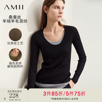 AMII2024早秋通勤舒适时尚假两件拼接U领长袖毛衣女显瘦12443034 黑色 160/84A/M
