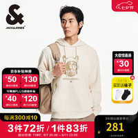 杰克·琼斯（JACK&JONES）男装秋季100%纯棉舒适柔软时尚法斗狗斜纹印花图案连帽套头卫衣男 A03 米白色 180/100A/L