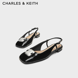 CHARLES&KEITH24秋季SL1-71790037金属扣浅口真皮方头凉鞋女 Black Patent黑色 35