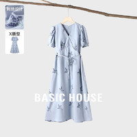 Basic House/百家好夏日休闲系带收腰显瘦优雅气质V领短袖连衣裙 蓝色 S