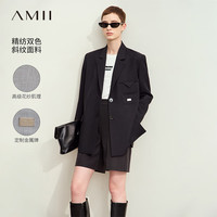 AMII2024秋翻驳领金属牌装饰不对称宽肩西装女垫肩西服12453020 黑色 170/92A/XL