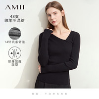 AMII2024早秋气质通勤斜V领不对称斜襟套头毛衣女修身显瘦上衣 黑色 160/84A/M