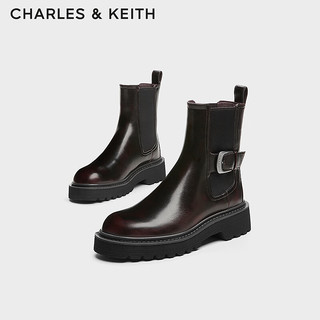 CHARLES&KEITH24秋季CK1-90380159厚底圆头烟筒靴切尔西短靴 Dark Brown深棕色 36