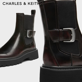 CHARLES&KEITH24秋季CK1-90380159厚底圆头烟筒靴切尔西短靴 Dark Brown深棕色 36