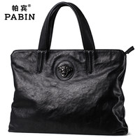 帕宾 pabin 帕宾 男包手提包头层植糅牛皮公文包商务休闲斜挎包潮流男士包包PB024黑色