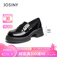 卓诗尼女鞋2024新款粗跟厚底亮面简约圆头单鞋英伦风百搭时尚乐福鞋 黑色 3