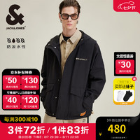 杰克·琼斯（JACK&JONES）男装秋季工装风百搭宽松连帽外套男生字母印花防泼水夹克男 E40 黑色 175/96A/M