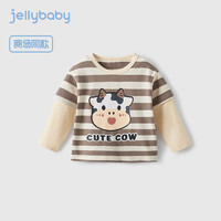 JELLYBABY男童假两件条纹T恤婴幼内搭户外露营上衣打底衫卡通印花拼接衣服 卡其 90CM