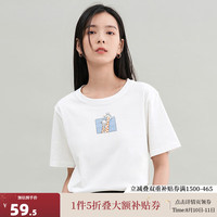 茵曼纯棉夏季长颈鹿印花休闲百搭宽松短袖T恤上衣女 白色 L