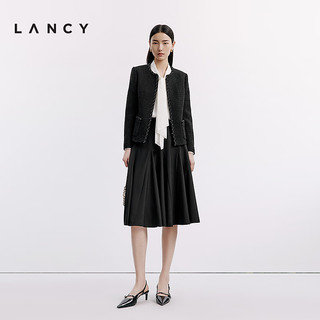 朗姿/LANCY2024秋季时尚绵羊毛圆领小香风外套女简约法式上衣 黑色 M