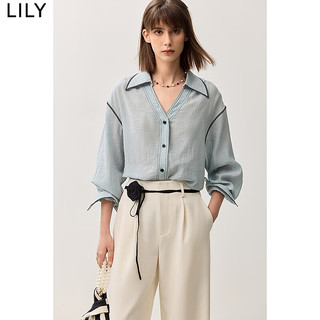 丽丽 LILY2024秋女装时尚撞色边设计感肌理感V领通勤简洁百搭衬衫 401蓝色 M