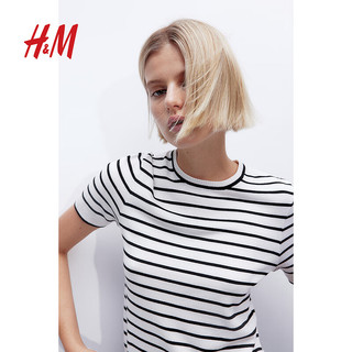 H&M2024夏季女装时尚休闲百搭柔软细密针织T恤1232470 奶油色/条纹 170/104