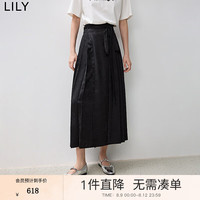 丽丽 LILY2024秋暗色提花缎面围裹式绑带高腰半身裙女 510黑 M
