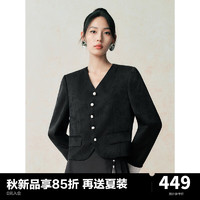 太平鸟 青玉枝 新中式翻袖国风短款外套女2024秋装小个子气质 黑色 XS