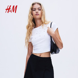 H&M2024夏季新款女装缀饰短T恤1254661