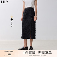 丽丽 LILY2024秋女装国风提花肌理感流苏立体花朵盘扣直筒裙半身裙 510黑色 S