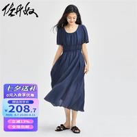 佐丹奴裙子女新款橡筋收腰肌理甜美泡泡袖花边圆领连衣裙18464217 67靛蓝