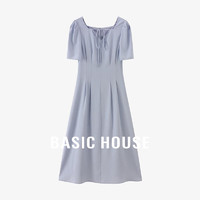 Basic House/百家好高级感蓝色捏褶连衣裙短袖V领收腰中长款裙子 淡蓝色