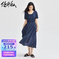 佐丹奴裙子女橡筋收腰肌理甜美泡泡袖花边圆领连衣裙18464217 67靛蓝 M