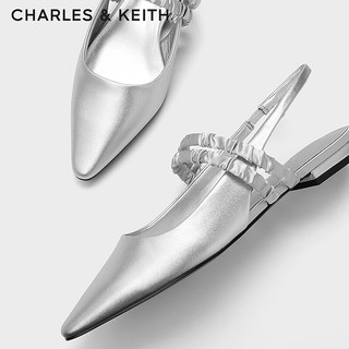 CHARLES&KEITH24秋季褶皱绊带饰法式气质尖头包头平底凉鞋女CK1-70381071 Silver银色 36