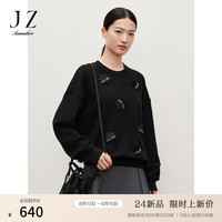 玖姿·安娜蔻BlingBling云感空气层花朵钻落肩长袖卫衣女2024秋新款 素黑