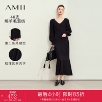 AMII2024秋优雅休闲桃心领V领灯笼袖鱼尾裙连衣裙女针织裙子12443091 黑色 155/80A/S