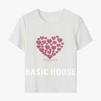 Basic House/百家好爱心亮片短袖T恤夏季字母印花减龄上衣女2024 白色 M