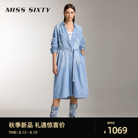 MISS SIXTY2024秋季含天丝牛仔连衣裙女法式翻领气质收腰长裙 浅蓝 L