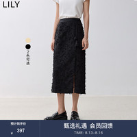 丽丽 LILY2024秋女装国风提花肌理感流苏立体花朵盘扣直筒裙半身裙 510黑色 L
