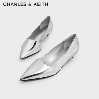 CHARLES&KEITH24秋季CK1-61720209尖头猫跟通勤低跟浅口单鞋 Silver银色 39