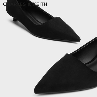 CHARLES&KEITH24秋季CK1-61720209尖头猫跟通勤低跟浅口单鞋 BLACK TEXTURED黑色纹理 40