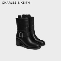 CHARLES&KEITH24秋季CK1-90280059复古粗高跟套筒骑士靴短靴 Black黑色 35