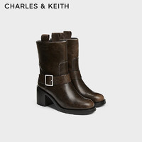 CHARLES&KEITH24秋季CK1-90280059复古粗高跟套筒骑士靴短靴 Dark Brown深棕色 38