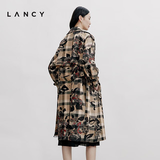 朗姿/LANCY2024秋季复古艺术格纹印花风衣外套女高级长上衣 深米色 L