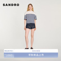 SANDRO2024早秋女装法式钻饰条纹圆领短袖T恤上衣SFPTS01513 D251/蓝色 1
