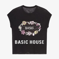 Basic House/百家好纯色百搭夏季小众设计感圆领短袖针织衫女 黑 M