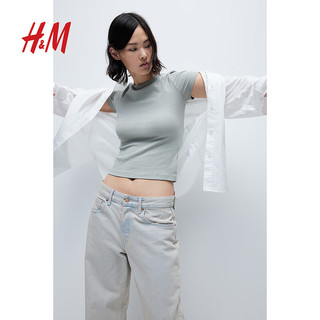 H&M2024夏季女装罗纹T恤1254791 浅卡其绿 160/88