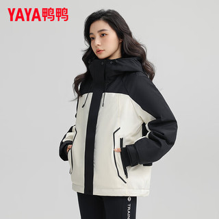 鸭鸭（YAYA）羽绒服女短款2024年冬季时尚撞色拼接连帽户外防风保暖外套ZX 黑色 155/80A(S)