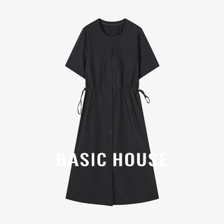 百家好（Basic House）Basic House/百家好纯色休闲收腰显瘦气质感夏季短袖连衣长裙 黑酸 XL