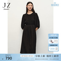 玖姿·安娜蔻法式复古宫廷风简约打揽中袖连衣裙女装2024秋季 素黑 XS