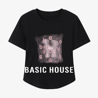 Basic House/百家好休闲百搭夏季收腰显瘦圆领短袖字母T恤女 黑色 L