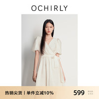 欧时力天丝茶歇裙2024新夏短款法式泡泡袖V领连衣裙 米白 XL