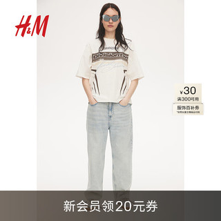 H&M女装T恤2024夏时尚柔软棉质落肩大廓形印花短袖上衣1206236 奶油色/Division Two 170/116