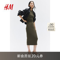 H&M女装2024夏季一字领修身纯色盖袖中长裙连衣裙1239334 深卡其绿 170/116